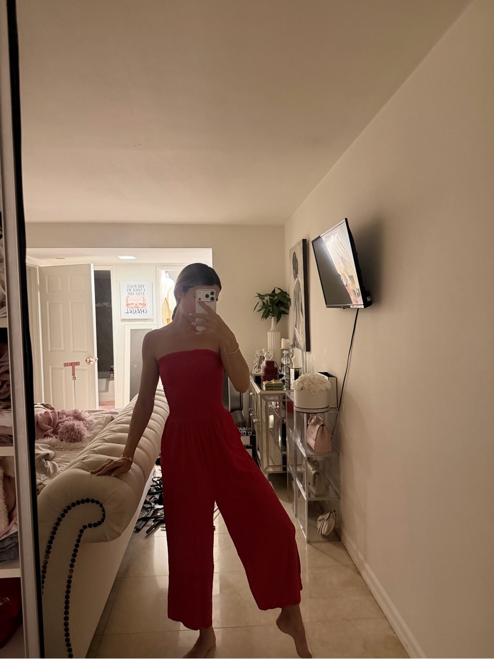 Lulu's Strapless Red Wide-Leg Romper Jumpsuit